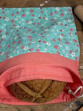 Teal & Peach Floral Bread Bag, Handmade Reusable Cotton Bread Storage Bag